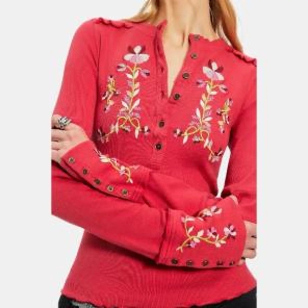 Free People Red Pink Fleur Embroidered Cuff Henley Shirt Boho Cottagecore XL